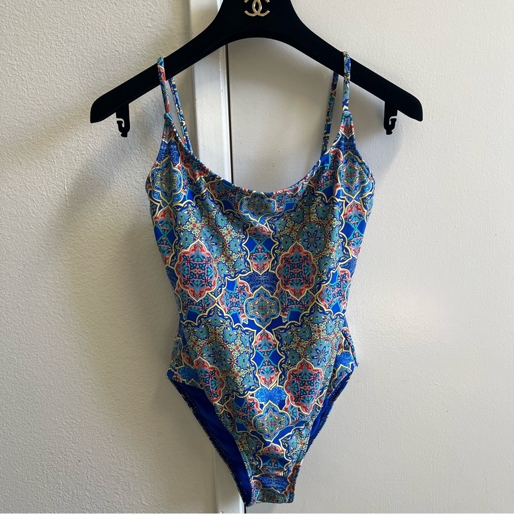 Swim Systems Blue Pattern One Pc Swimsuit Lined Bra Bathing Suit Pool Stretch M - Picture 3 of 12